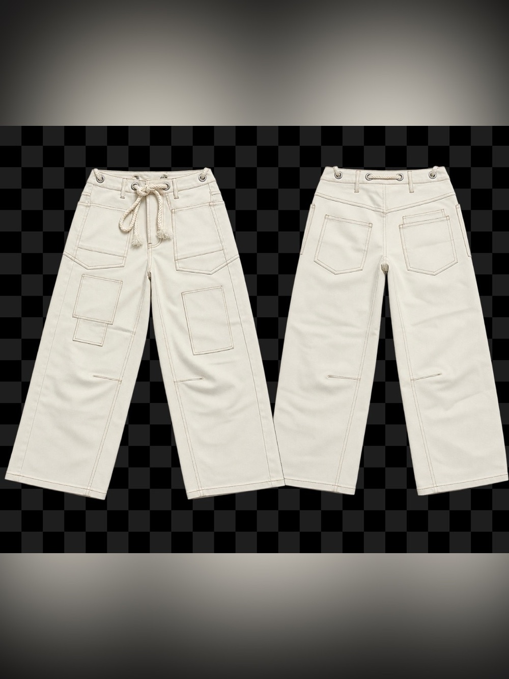 Altar'd State Cream Drawstring Barrel Utility Jeans Size Small - Picture 3 of 9